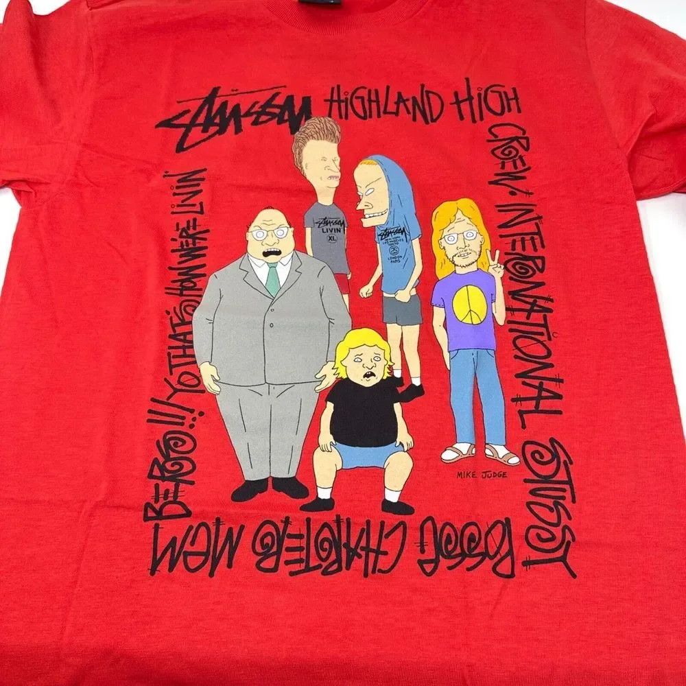 STUSSY‎ X BEAVIS & BUTT-HEAD Red Graphic Highland High T-Shirt NEW W/O TAG Small